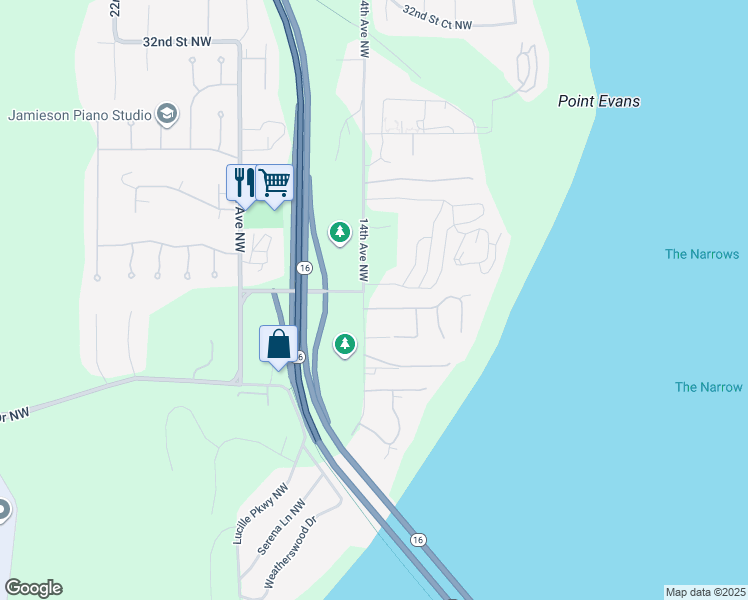 map of restaurants, bars, coffee shops, grocery stores, and more near 1321 Aqua Vista Drive Northwest in Gig Harbor