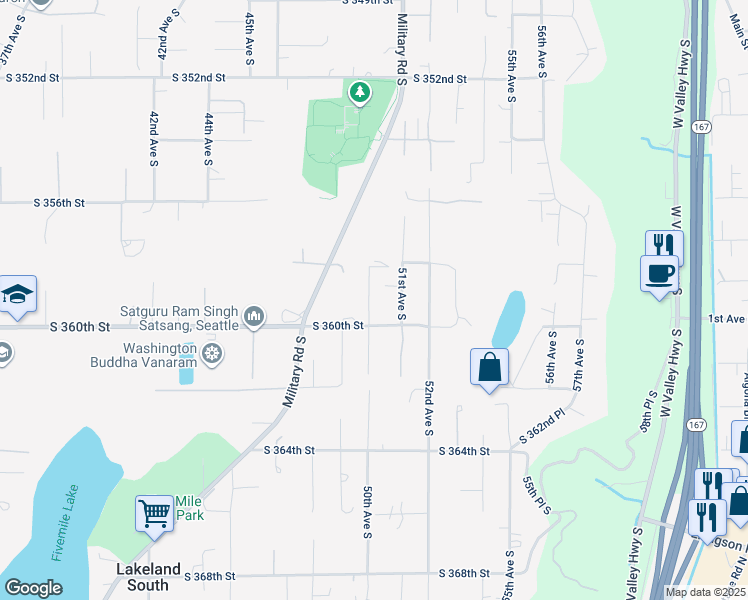 map of restaurants, bars, coffee shops, grocery stores, and more near 35836 50th Avenue South in Auburn