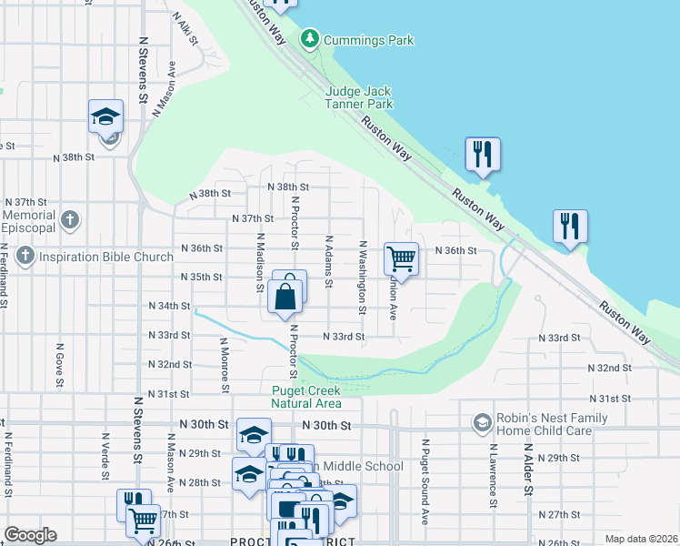 map of restaurants, bars, coffee shops, grocery stores, and more near 3507 North Adams Street in Tacoma