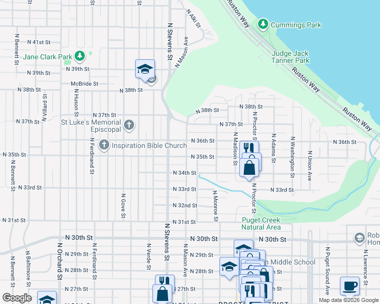 map of restaurants, bars, coffee shops, grocery stores, and more near 3505 North Mason Avenue in Tacoma