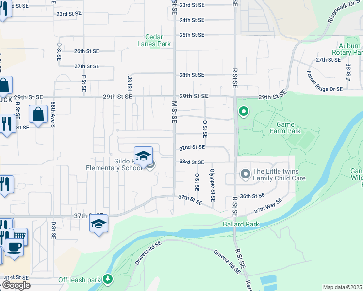 map of restaurants, bars, coffee shops, grocery stores, and more near 1225 32nd Street Southeast in Auburn