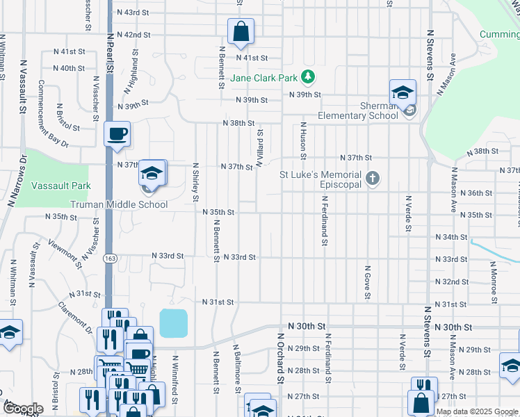 map of restaurants, bars, coffee shops, grocery stores, and more near 5127 North 35th Street in Tacoma