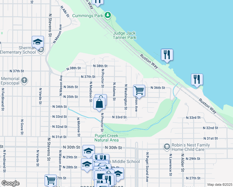 map of restaurants, bars, coffee shops, grocery stores, and more near 3507 North Adams Street in Tacoma