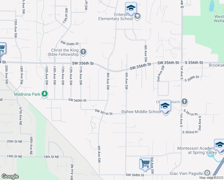 map of restaurants, bars, coffee shops, grocery stores, and more near 723 Southwest 358th Street in Federal Way