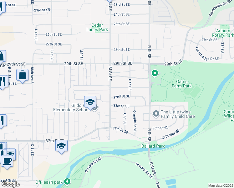 map of restaurants, bars, coffee shops, grocery stores, and more near 1235 32nd Street Southeast in Auburn