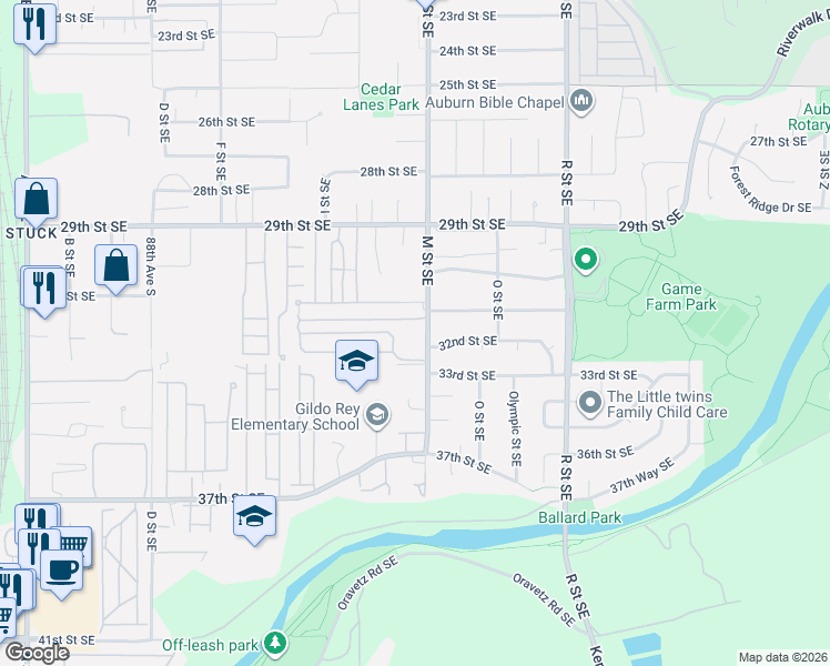 map of restaurants, bars, coffee shops, grocery stores, and more near 3125 M Street Southeast in Auburn