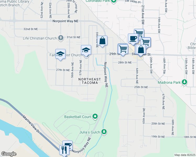 map of restaurants, bars, coffee shops, grocery stores, and more near 2609 59th Avenue Northeast in Tacoma