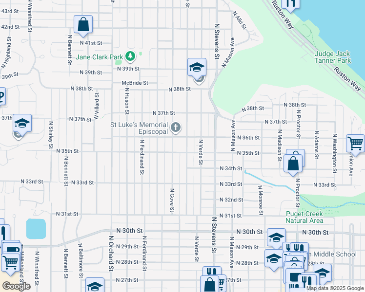 map of restaurants, bars, coffee shops, grocery stores, and more near 3510 North Cheyenne Street in Tacoma