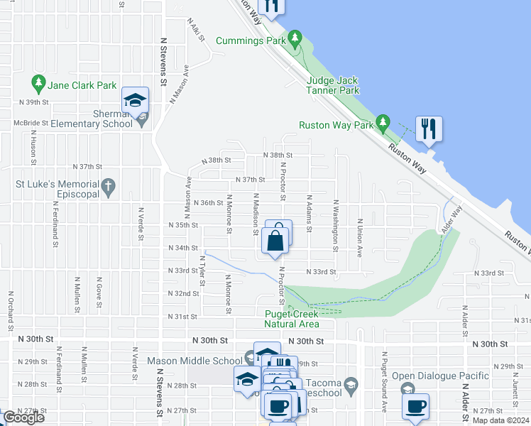 map of restaurants, bars, coffee shops, grocery stores, and more near 3918 North 36th Street in Tacoma