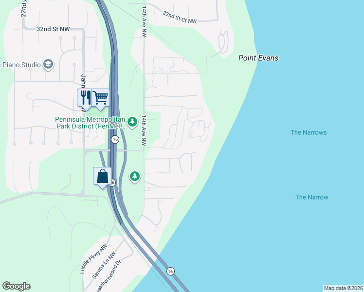 map of restaurants, bars, coffee shops, grocery stores, and more near 2405 Cliffside Lane Northwest in Gig Harbor