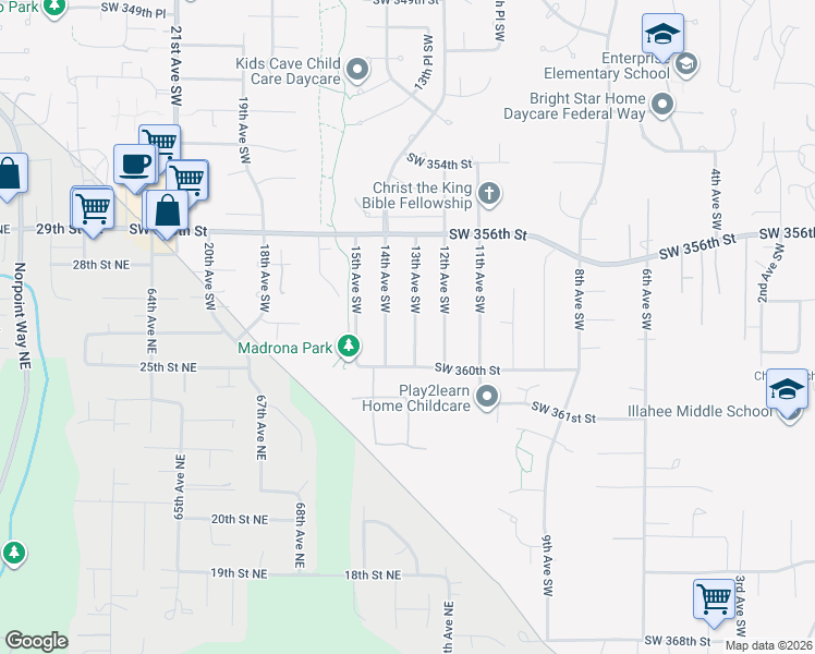 map of restaurants, bars, coffee shops, grocery stores, and more near 35819 13th Avenue Southwest in Federal Way