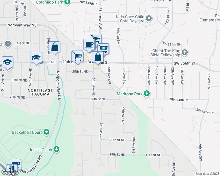 map of restaurants, bars, coffee shops, grocery stores, and more near 6521 26th Street Northeast in Tacoma