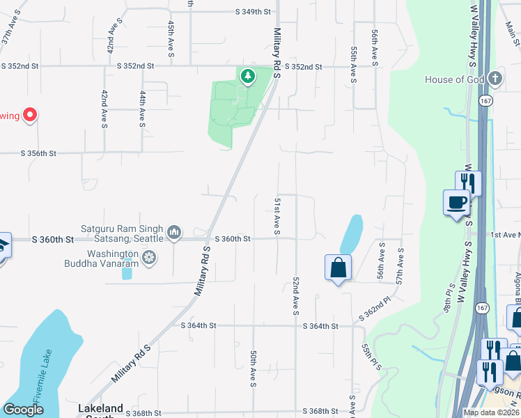 map of restaurants, bars, coffee shops, grocery stores, and more near 35836 50th Avenue South in Auburn
