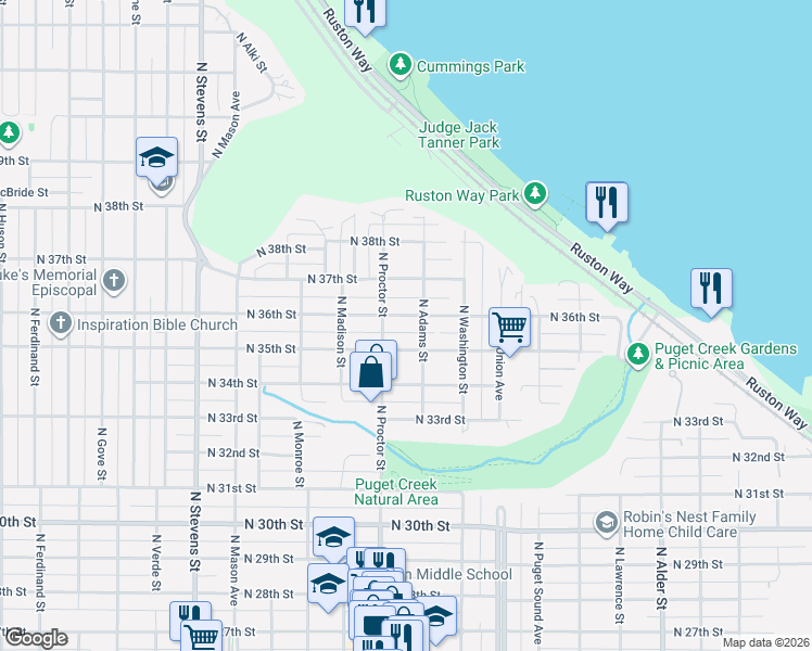 map of restaurants, bars, coffee shops, grocery stores, and more near 3515 North Proctor Street in Tacoma