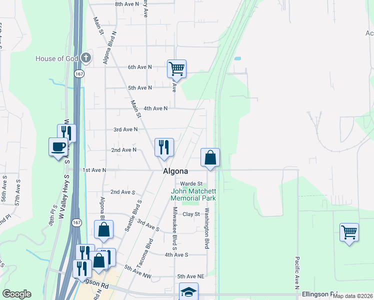 map of restaurants, bars, coffee shops, grocery stores, and more near 212 Stanley Avenue in Algona