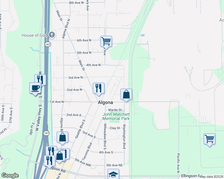 map of restaurants, bars, coffee shops, grocery stores, and more near 212 Stanley Avenue in Algona