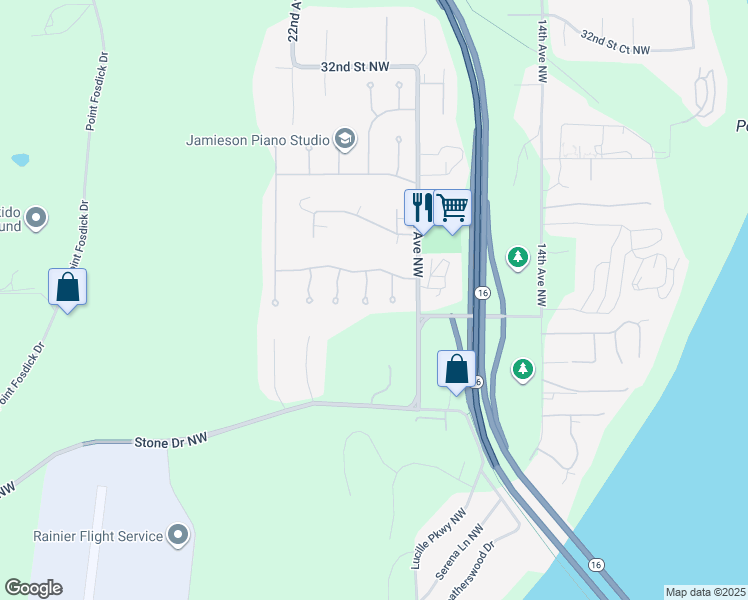 map of restaurants, bars, coffee shops, grocery stores, and more near 2403 19th Avenue Court Northwest in Gig Harbor