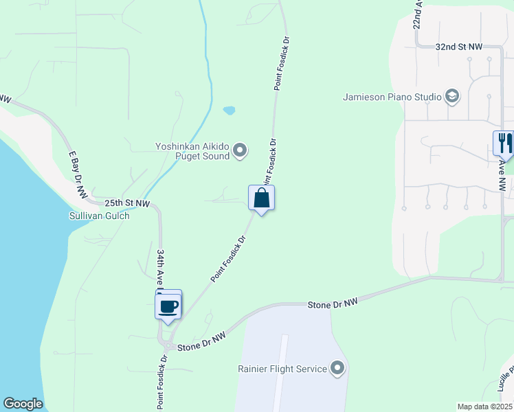 map of restaurants, bars, coffee shops, grocery stores, and more near Point Fosdick Drive in Pierce County