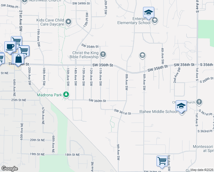map of restaurants, bars, coffee shops, grocery stores, and more near 35828 10th Place Southwest in Federal Way