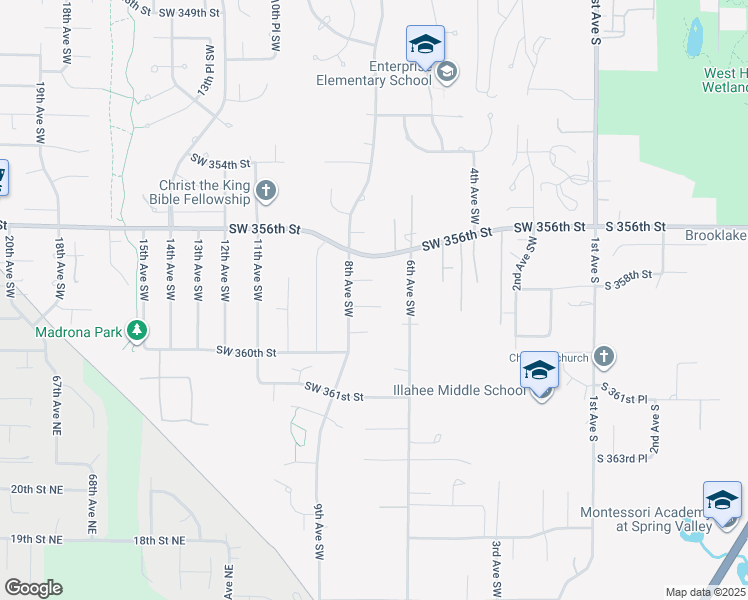 map of restaurants, bars, coffee shops, grocery stores, and more near 723 Southwest 358th Street in Federal Way