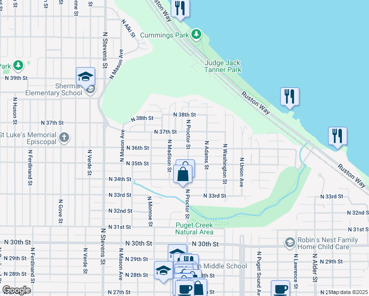 map of restaurants, bars, coffee shops, grocery stores, and more near 3515 North Proctor Street in Tacoma