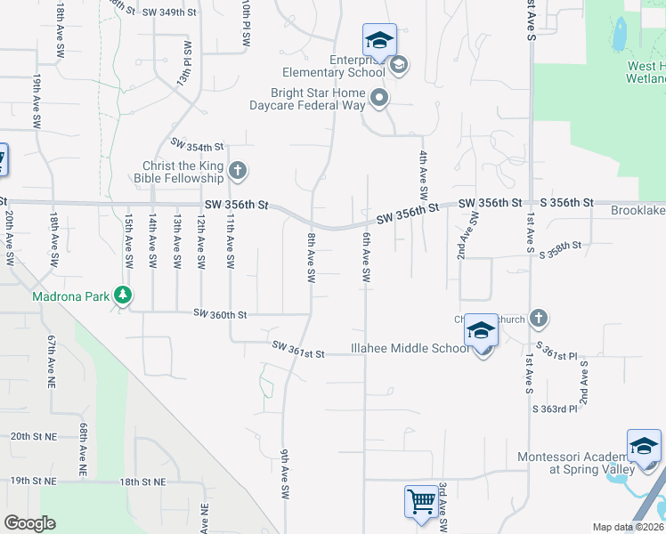 map of restaurants, bars, coffee shops, grocery stores, and more near 723 Southwest 358th Street in Federal Way