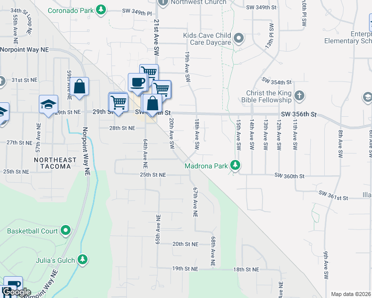 map of restaurants, bars, coffee shops, grocery stores, and more near 1901 Southwest 358th Court in Federal Way