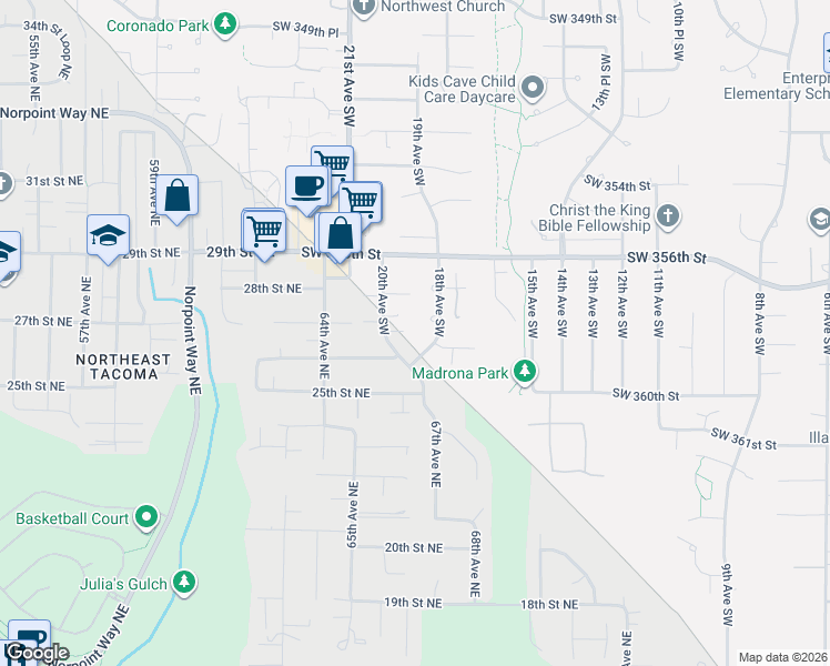 map of restaurants, bars, coffee shops, grocery stores, and more near 1901 Southwest 358th Court in Federal Way