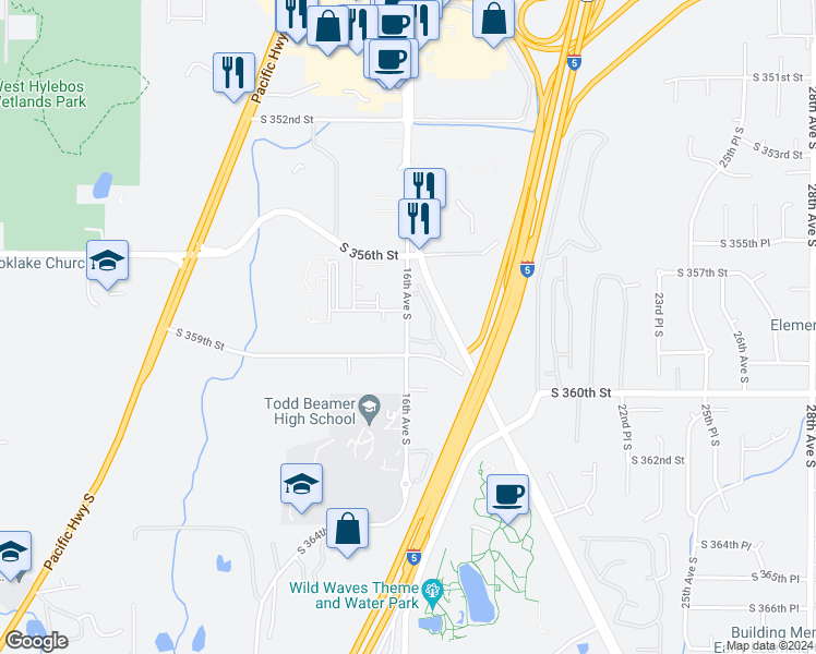 map of restaurants, bars, coffee shops, grocery stores, and more near 35906 16th Avenue South in Federal Way