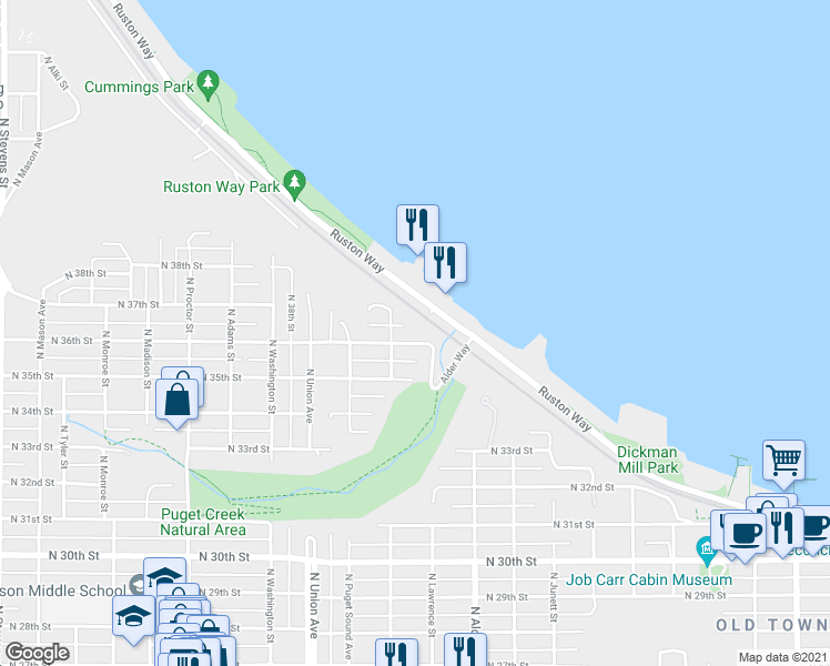 map of restaurants, bars, coffee shops, grocery stores, and more near 3311 North 36th Street in Tacoma