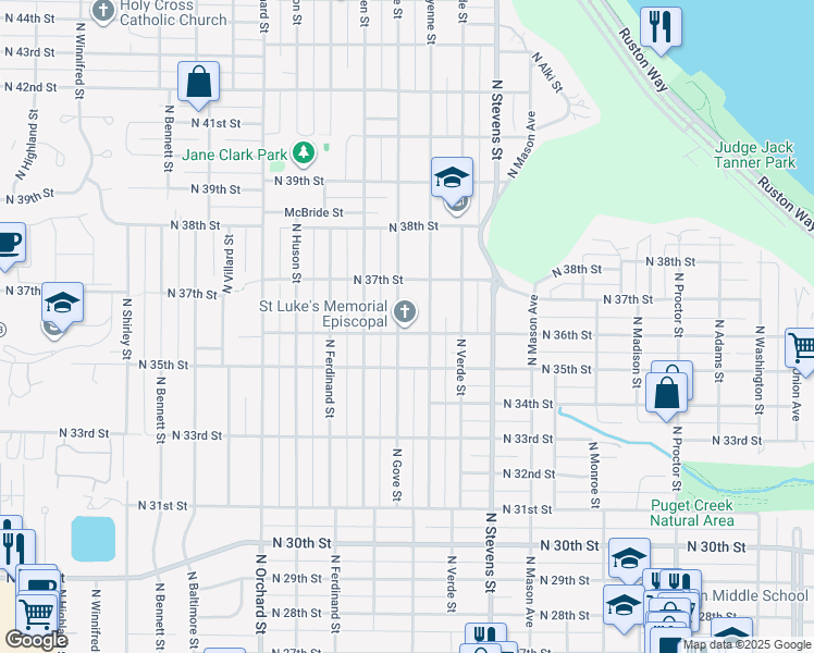 map of restaurants, bars, coffee shops, grocery stores, and more near 3510 North Cheyenne Street in Tacoma