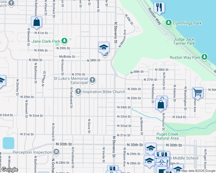 map of restaurants, bars, coffee shops, grocery stores, and more near 3626 North Verde Street in Tacoma