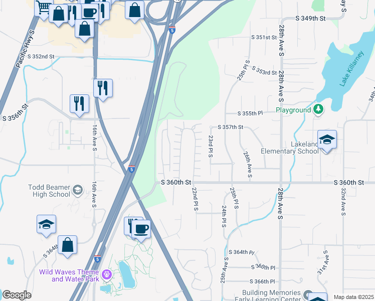 map of restaurants, bars, coffee shops, grocery stores, and more near 35729 21st Place South in Federal Way