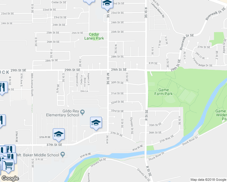 map of restaurants, bars, coffee shops, grocery stores, and more near 1230 30th Street Southeast in Auburn