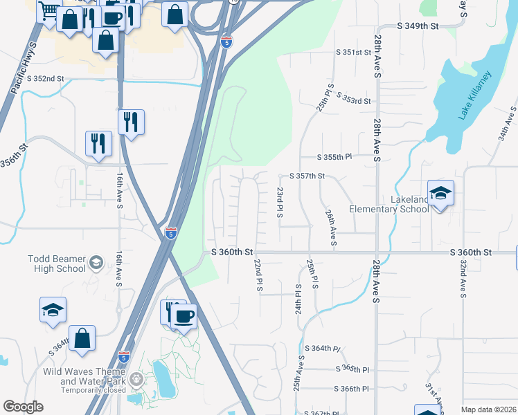map of restaurants, bars, coffee shops, grocery stores, and more near 35729 21st Place South in Federal Way