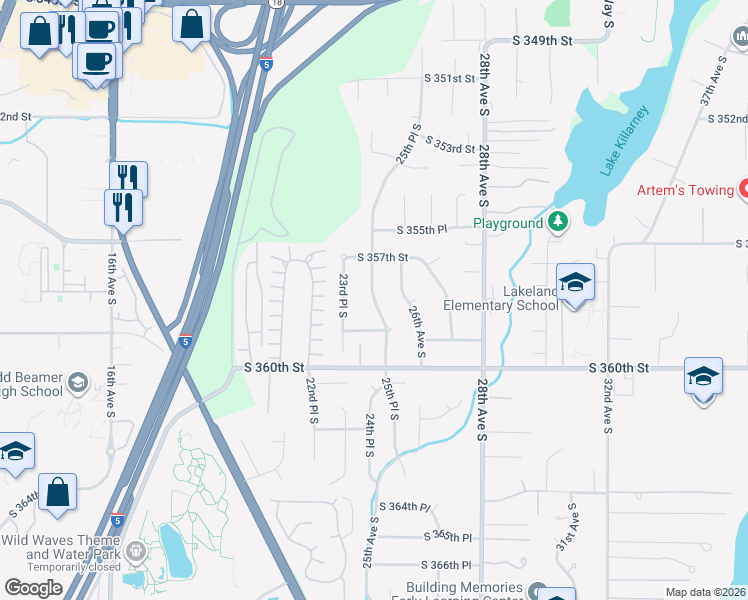 map of restaurants, bars, coffee shops, grocery stores, and more near 25th Place South in Federal Way