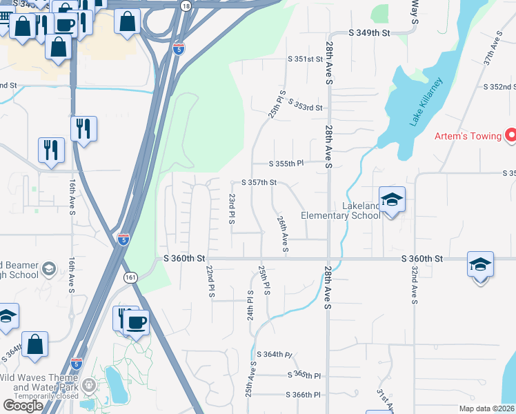map of restaurants, bars, coffee shops, grocery stores, and more near 35721 25th Place South in Federal Way