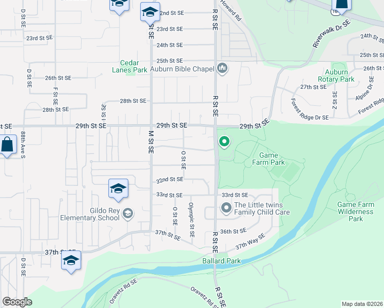 map of restaurants, bars, coffee shops, grocery stores, and more near 1431 30th Street Southeast in Auburn