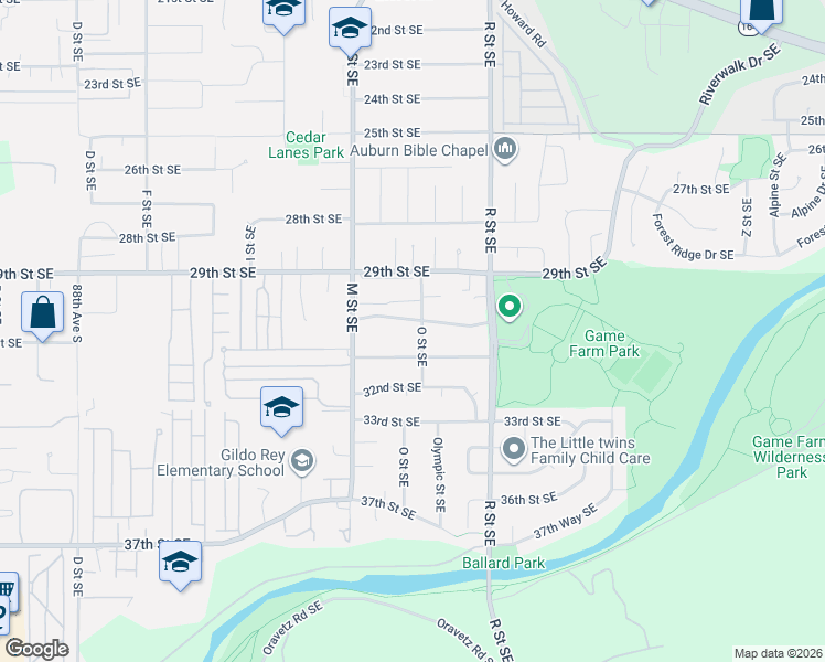 map of restaurants, bars, coffee shops, grocery stores, and more near 1322 30th Street Southeast in Auburn