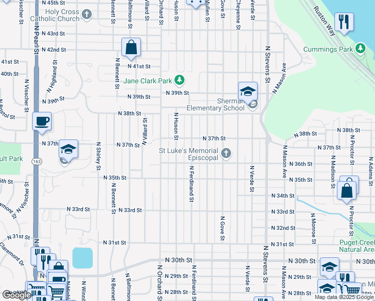 map of restaurants, bars, coffee shops, grocery stores, and more near 3621 North Huson Street in Tacoma