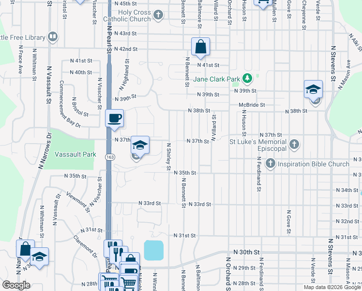 map of restaurants, bars, coffee shops, grocery stores, and more near 5402 North 37th Street in Tacoma