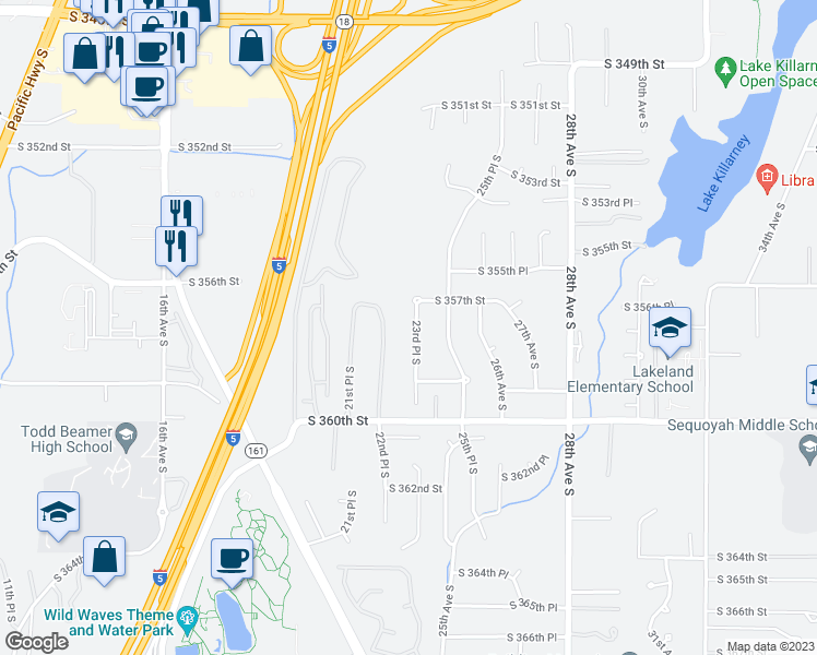 map of restaurants, bars, coffee shops, grocery stores, and more near 35729 23rd Place South in Federal Way