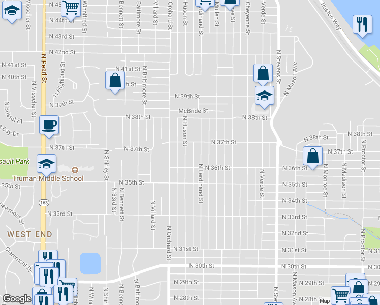 map of restaurants, bars, coffee shops, grocery stores, and more near 3621 North Huson Street in Tacoma