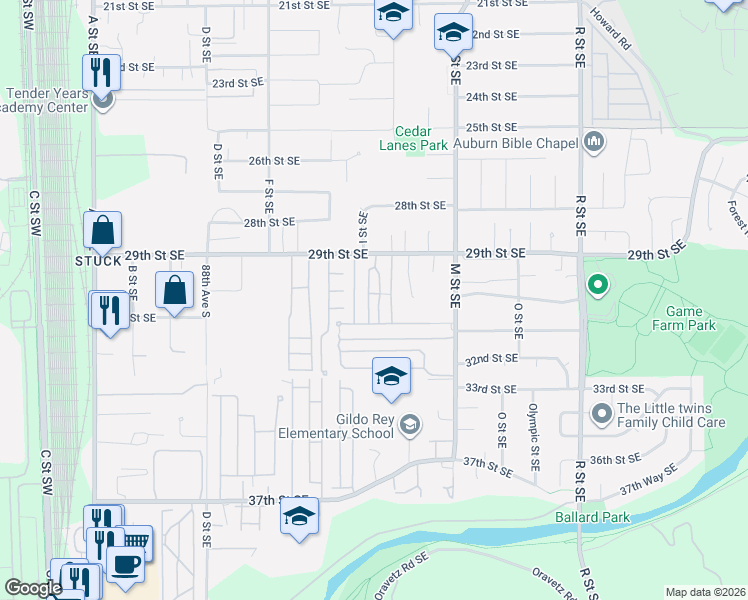 map of restaurants, bars, coffee shops, grocery stores, and more near 900 29th Street Southeast in Auburn