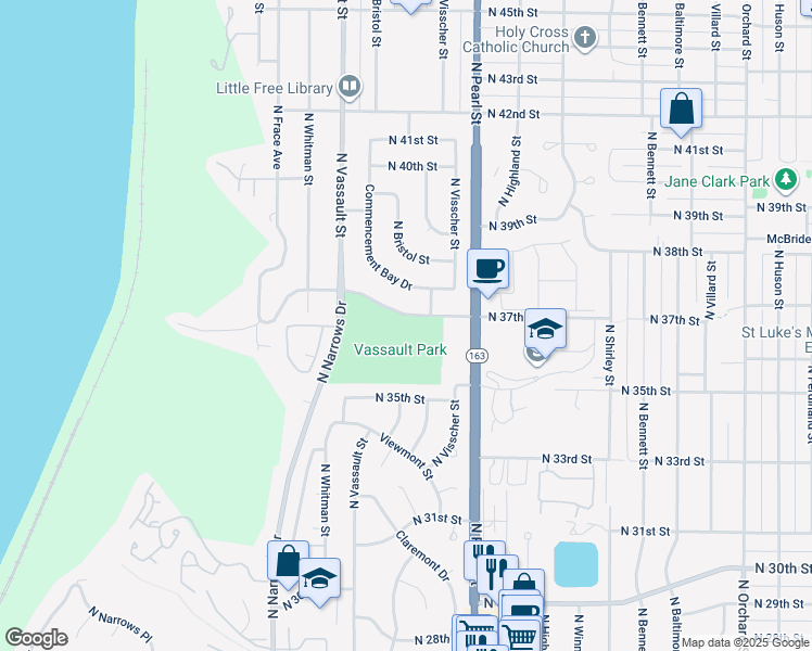 map of restaurants, bars, coffee shops, grocery stores, and more near 6100 North 37th Street in Tacoma