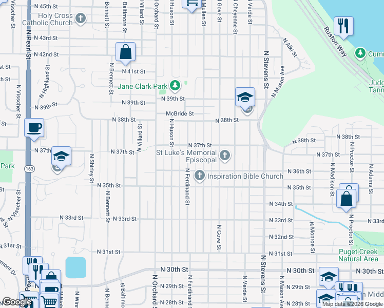 map of restaurants, bars, coffee shops, grocery stores, and more near 3625 North Ferdinand Street in Tacoma