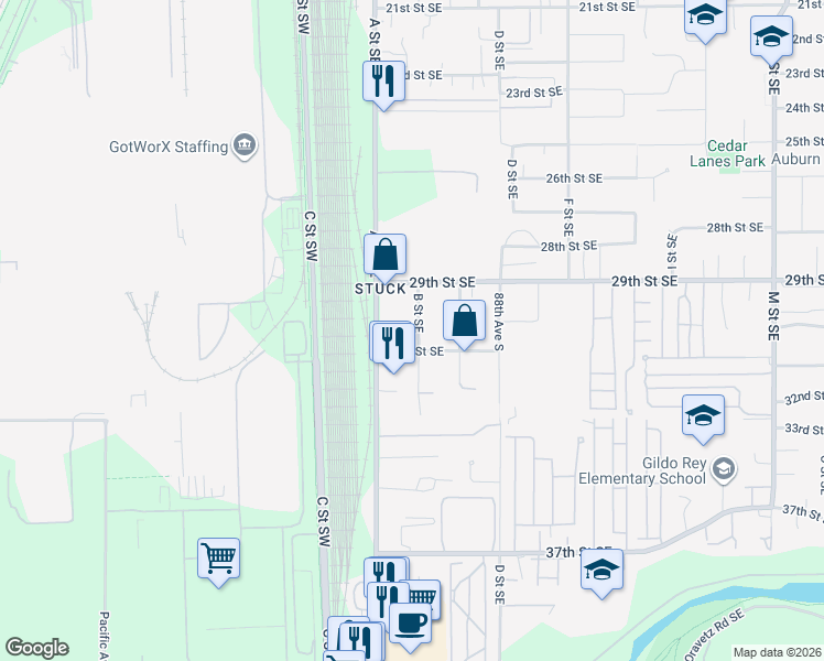map of restaurants, bars, coffee shops, grocery stores, and more near 3005 B Street Southeast in Auburn