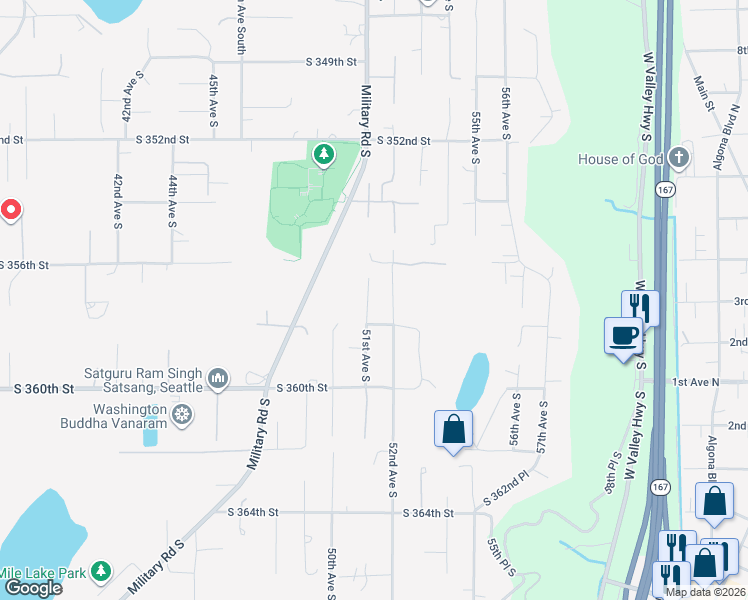 map of restaurants, bars, coffee shops, grocery stores, and more near 35704 51st Avenue South in Auburn