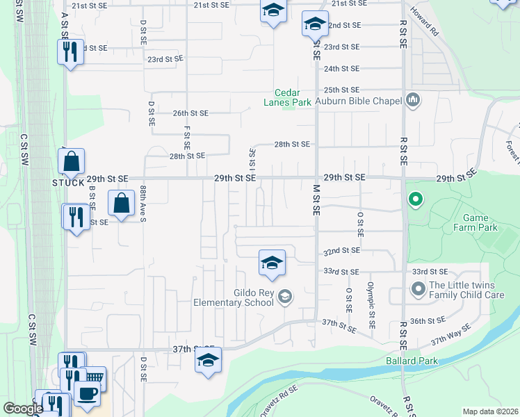 map of restaurants, bars, coffee shops, grocery stores, and more near 900 29th Street Southeast in Auburn
