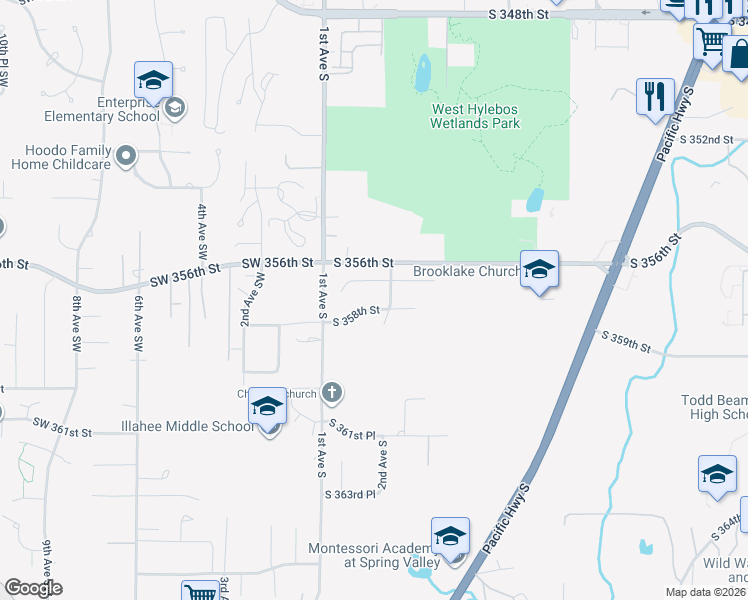 map of restaurants, bars, coffee shops, grocery stores, and more near 148 South 358th Street in Federal Way